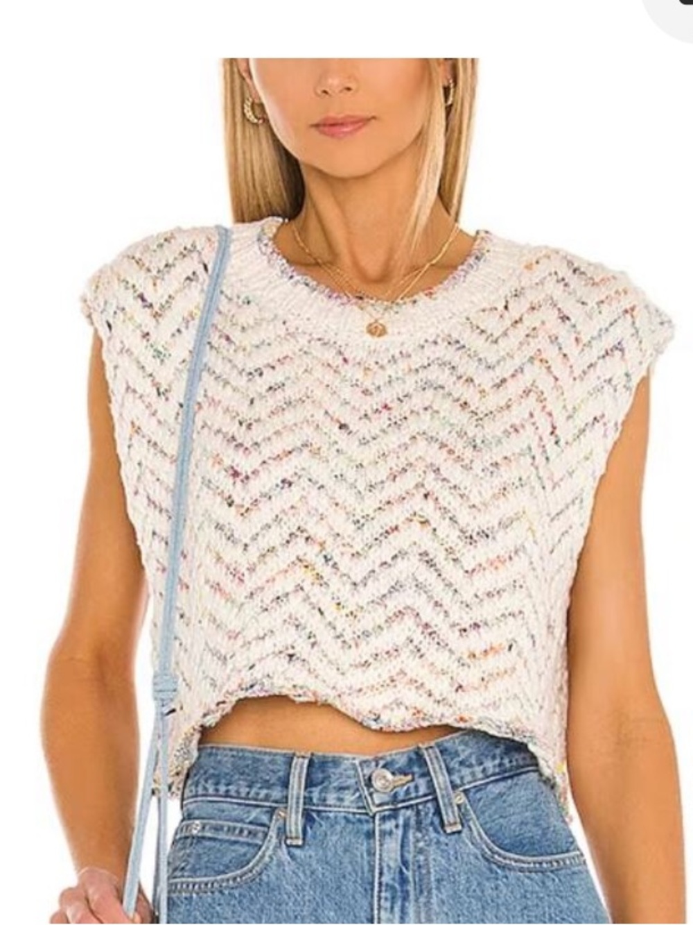 Free People Lucy Tank Cropped Sweater Vanilla Combo Rainbow Chevron Size X-Small